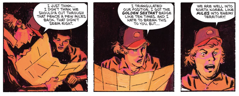 Willy realizing that he and his fellow scouts have been sent on an assassination mission.